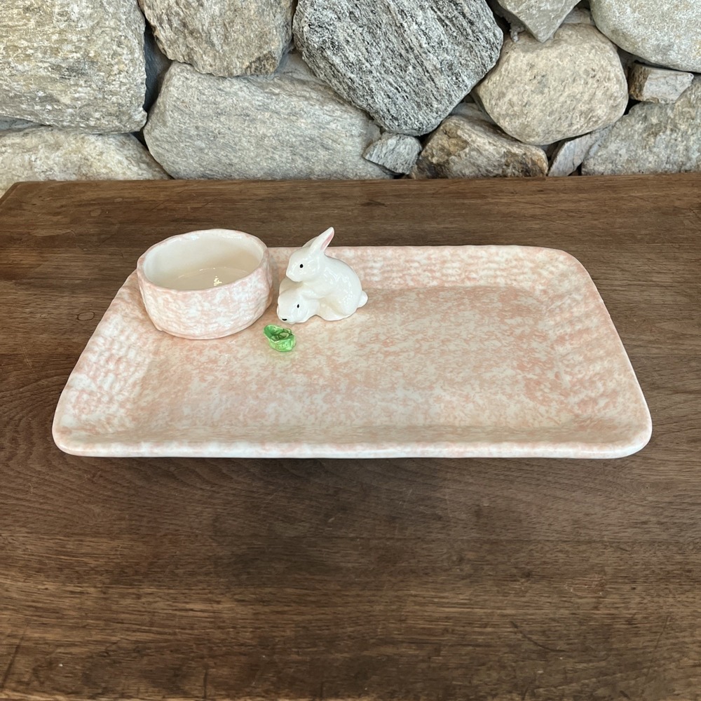 Custom Pottery Rabbit Platter Tray Dish Pink Bunny Easter With Bowl, Unmarked